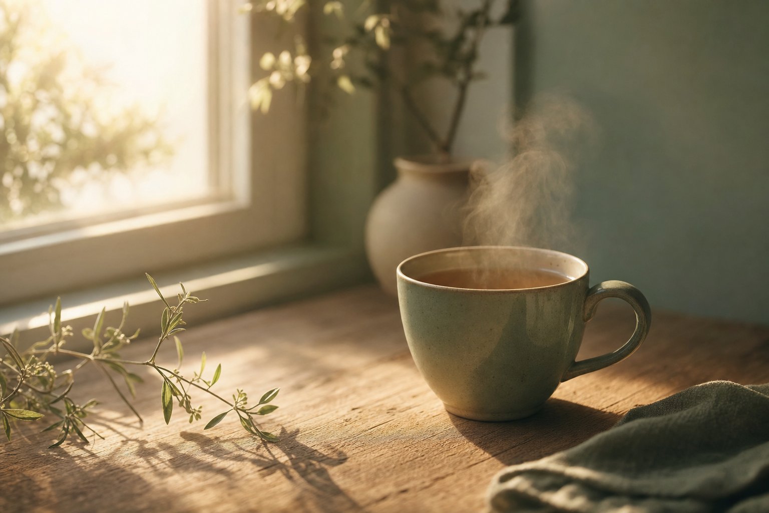 Pencere kenarında sabah ışığında buğulanan bir çay fincanı